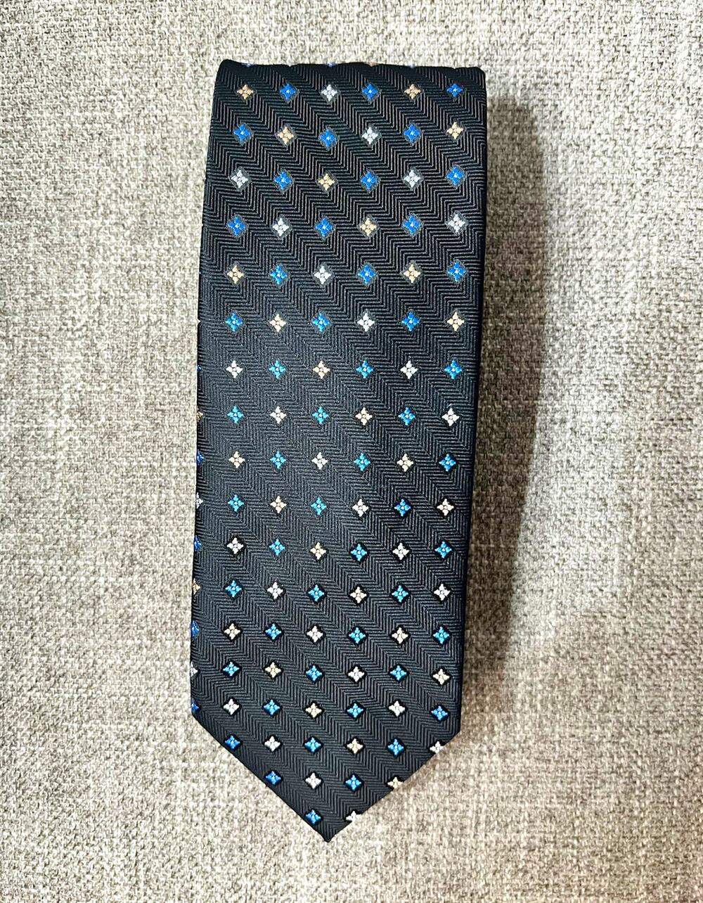 Barberini Roma Men's 100% Silk Tie Black Blue Beige White Geometric Woven